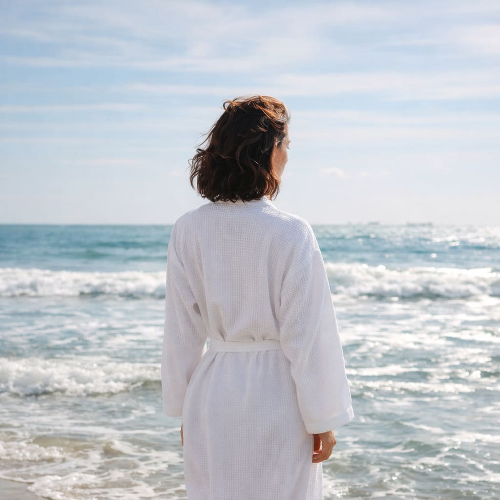 Détail texture nid d’abeille sur peignoir blanc