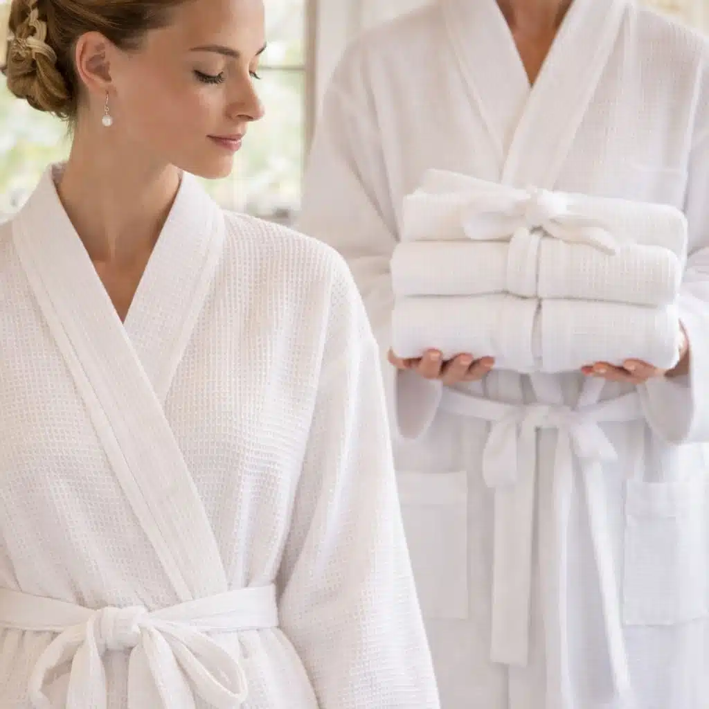 Peignoir nid d’abeille blanc coupe kimono texture gaufrée