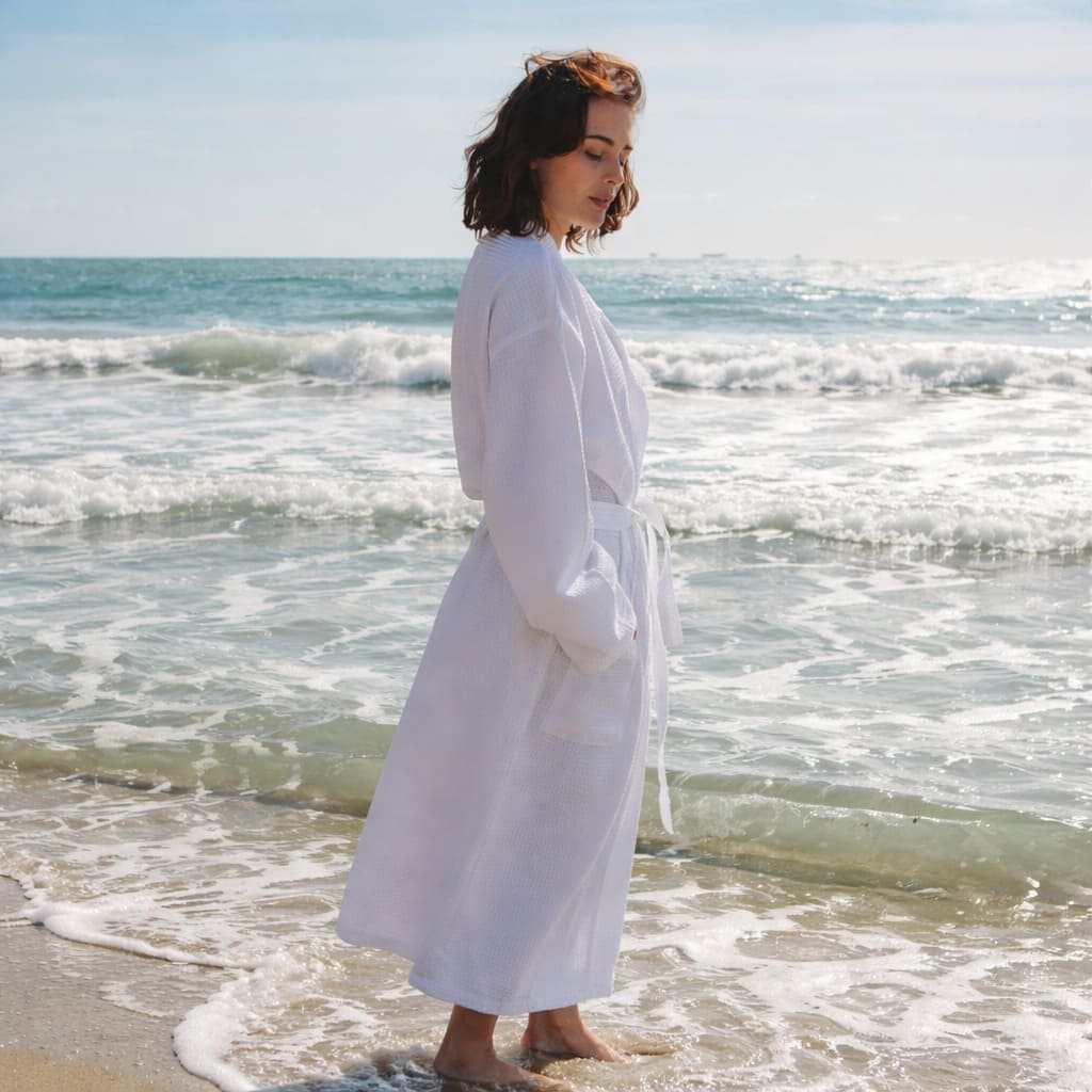 Peignoir blanc nid d’abeille col kimono en coton léger