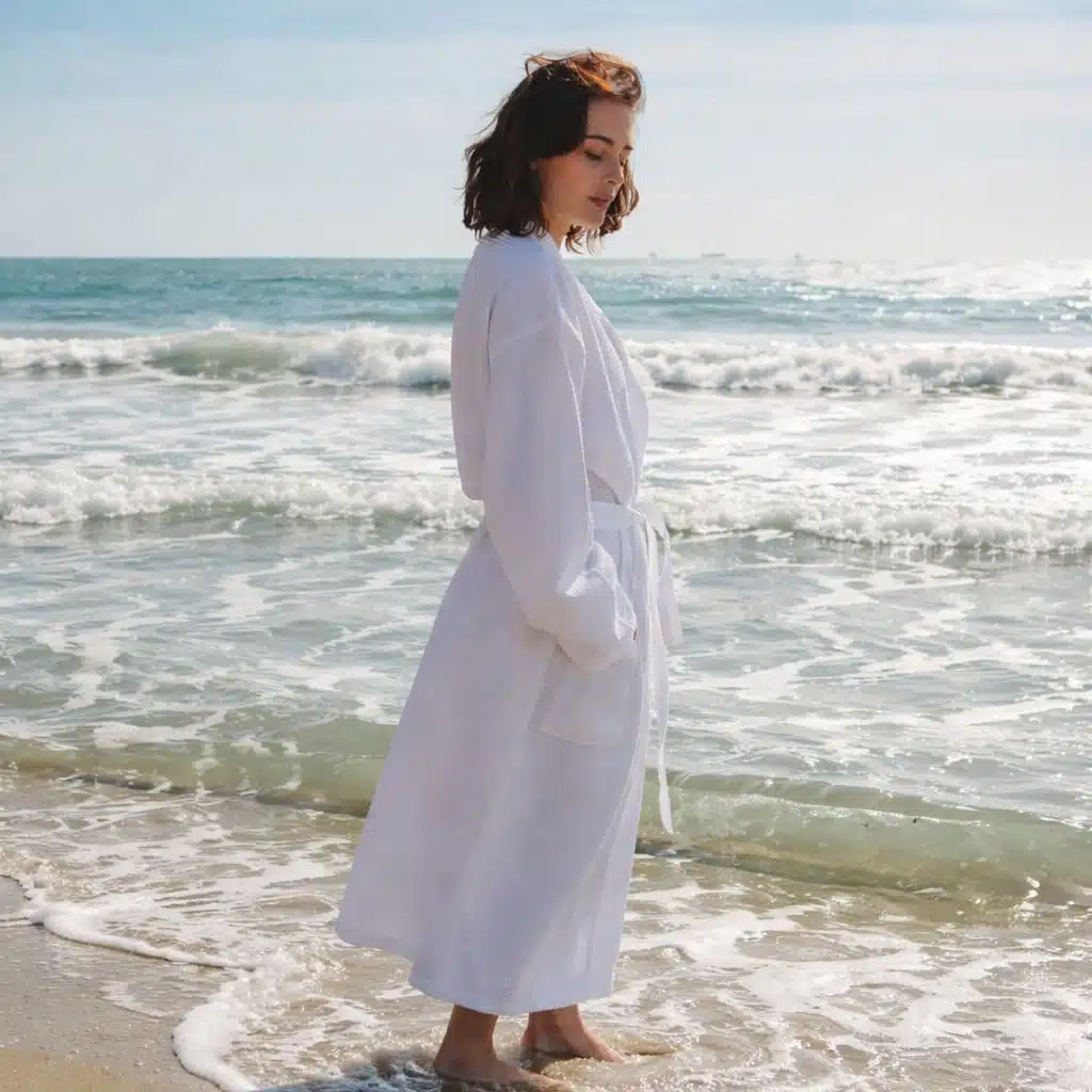 Peignoir blanc nid d’abeille col kimono en coton léger