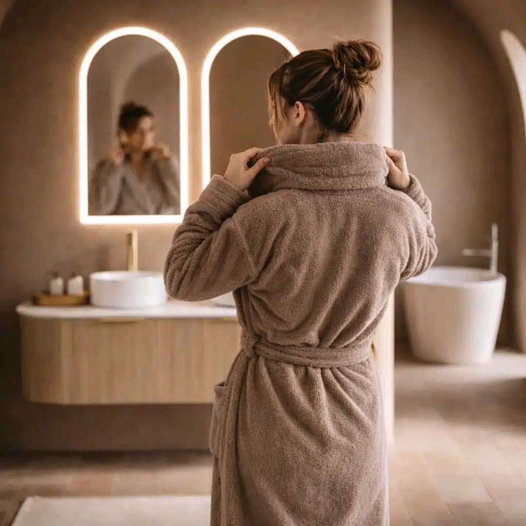 Peignoir de bain sable en éponge dans une ambiance naturelle