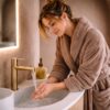Peignoir sable suspendu dans une salle de bain contemporaine