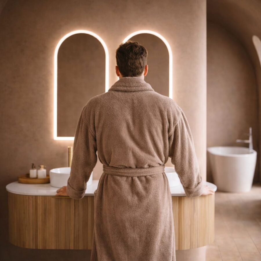 Peignoir de bain sable dans une ambiance spa