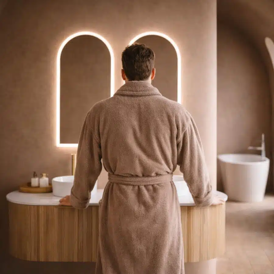 Peignoir de bain sable dans une ambiance spa
