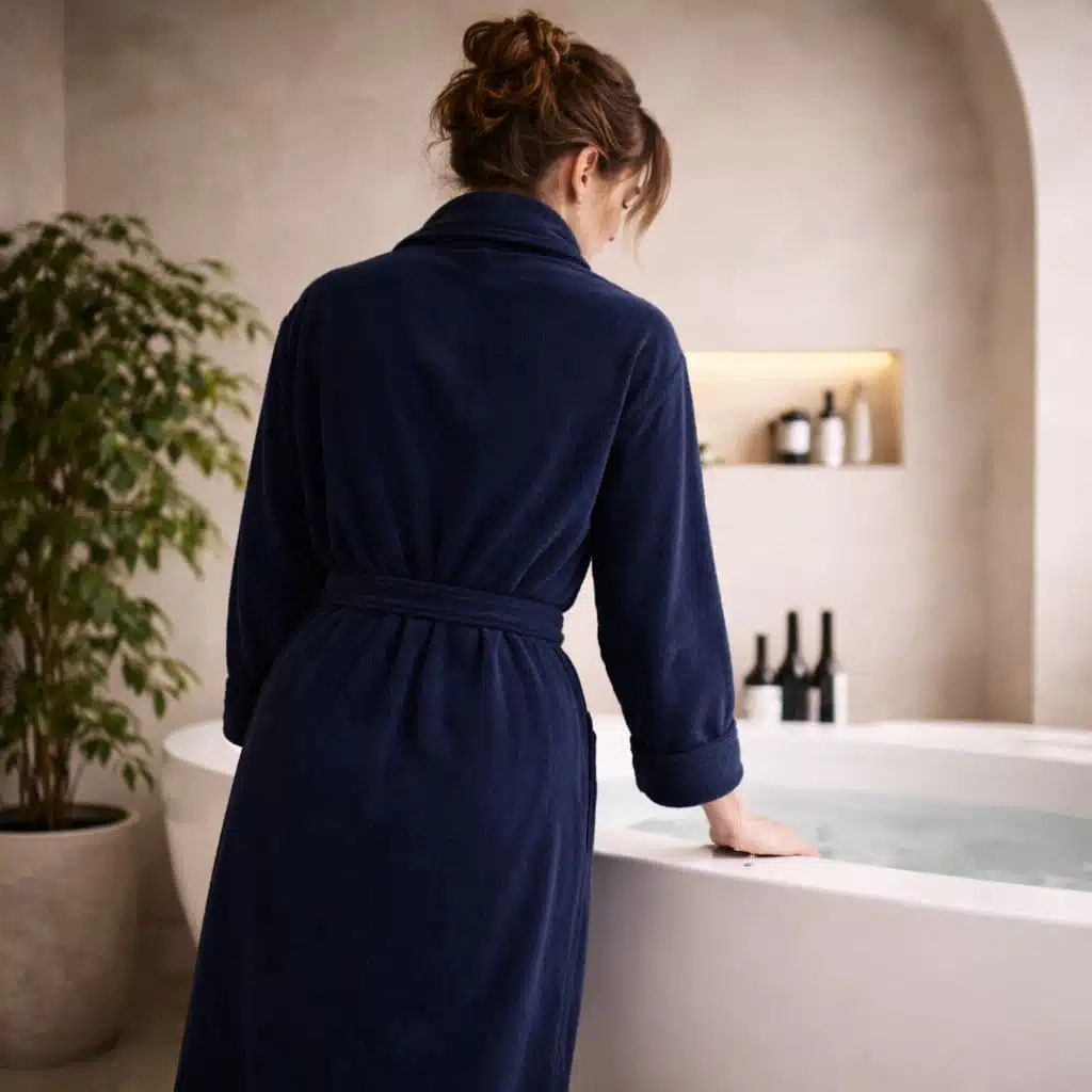 Peignoir bleu nuit présenté dans une salle de bain haut de gamme