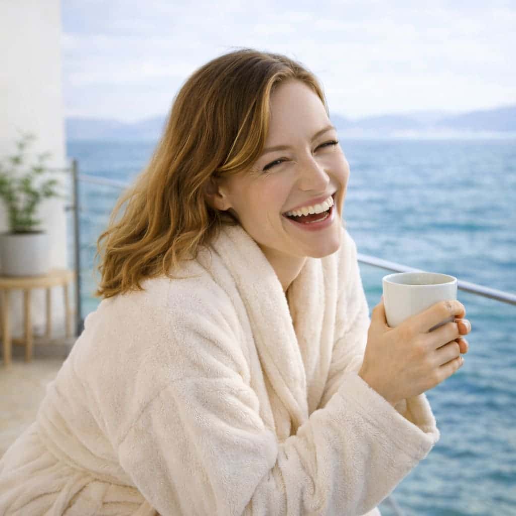 Portrait d’une femme détendue en peignoir ivoire, profitant d’un moment calme en bord de mer.