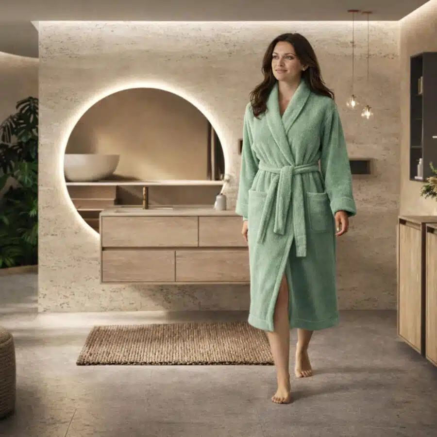 Femme portant un peignoir Comptoir du Bambou vert clair, debout dans une salle de bain spa contemporaine aux lignes épurées.