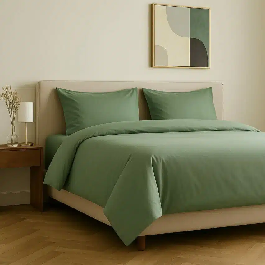 Chambre contemporaine avec linge de lit pistache et tête de lit beige, ambiance chaleureuse et naturelle.