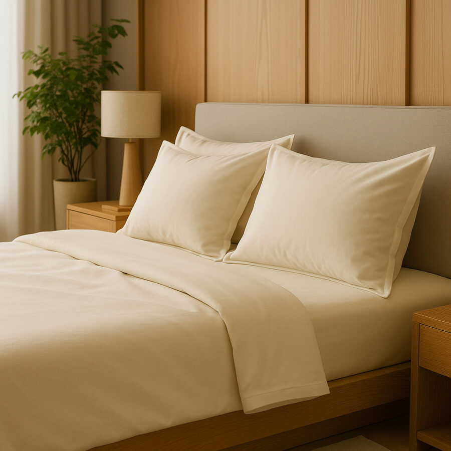 Zoom sur des oreillers ivoire en fibre de bambou posés sur un lit moderne, avec une lampe et une plante verte en arrière-plan.