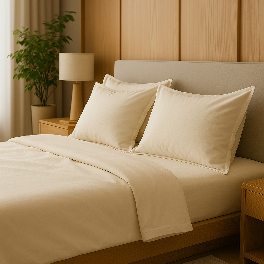 Zoom sur des oreillers ivoire en fibre de bambou posés sur un lit moderne, avec une lampe et une plante verte en arrière-plan.