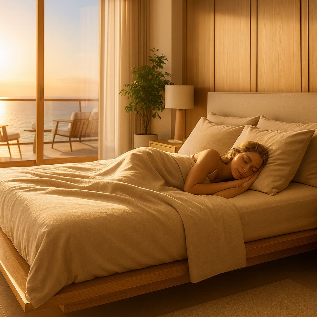 IMG2851 Chambre moderne avec grande fenêtre, plantes vertes et lit habillé de linge de lit ivoire haut de gamme.