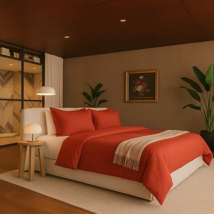 Chambre haut de gamme avec housse de couette terracotta et une magnifique plante verte.