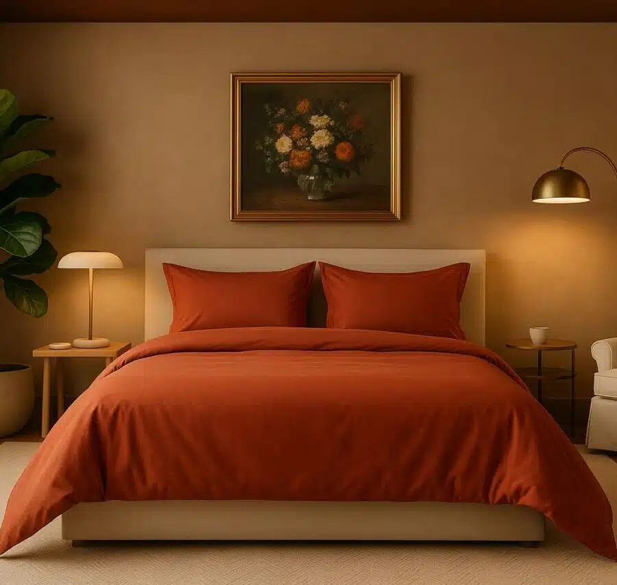 Lit habillé de linge terracotta en satin de bambou dans une chambre moderne et élégante.