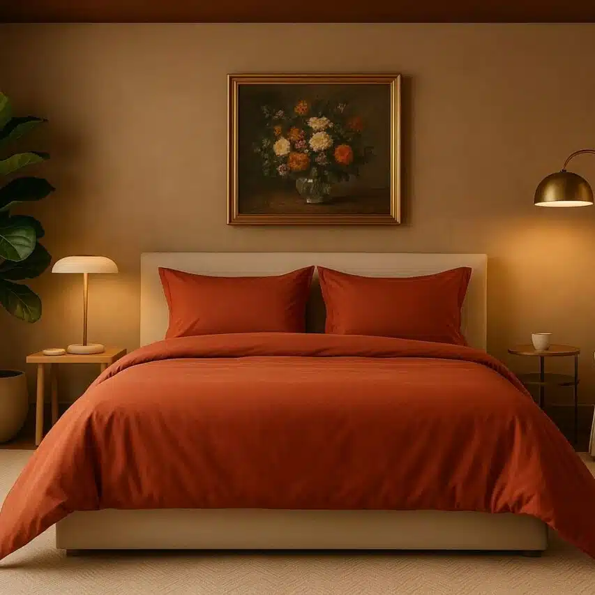 Lit habillé de linge terracotta en satin de bambou dans une chambre moderne et élégante.