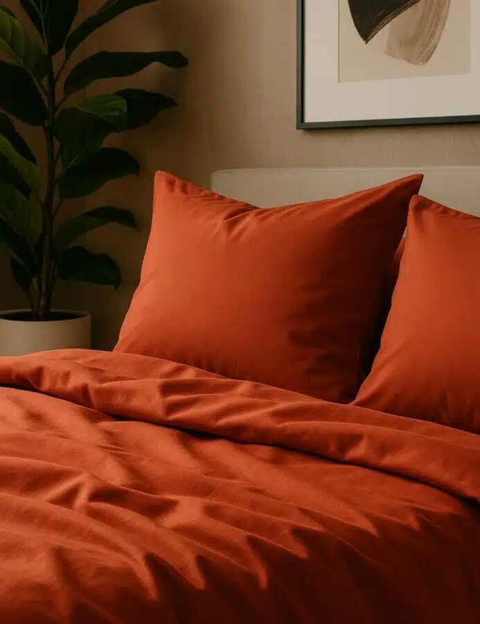 Gros plan sur la taie d’oreiller terracotta en tissu de bambou ultra doux.