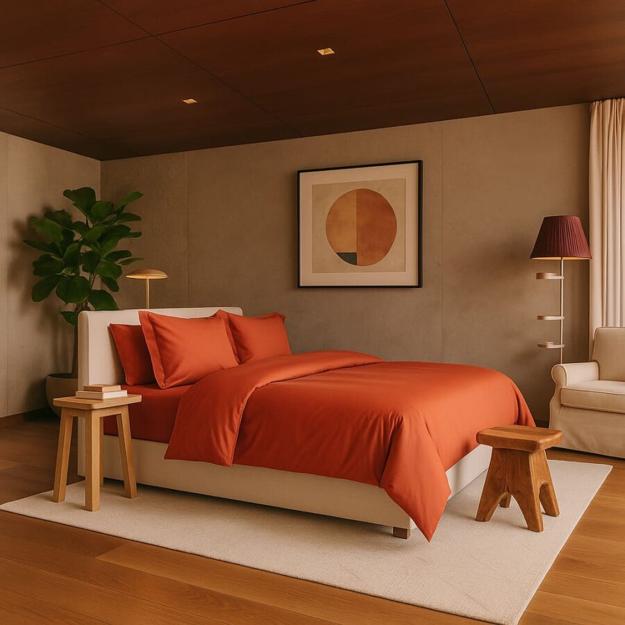 Lit avec linge terracotta et tête de lit beige dans une ambiance chaleureuse et minimaliste.
