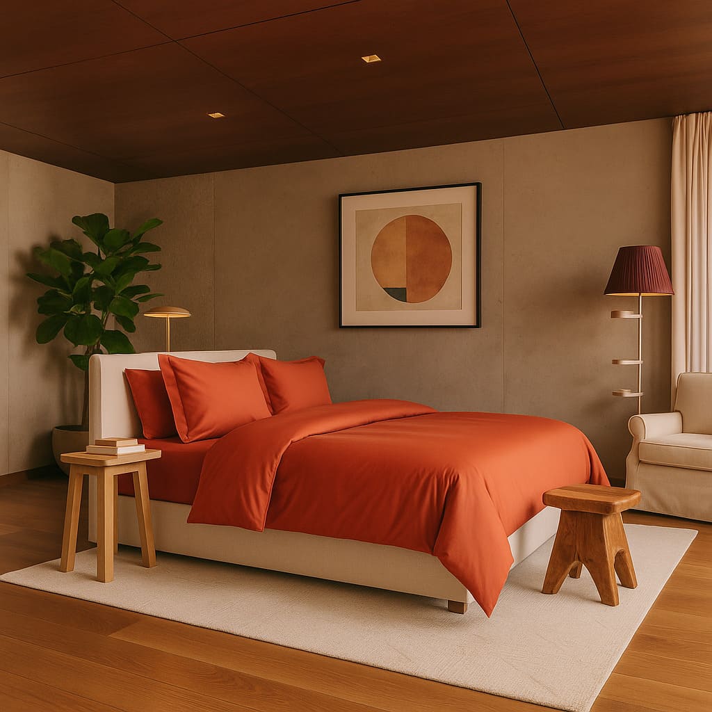 Lit avec linge terracotta et tête de lit beige dans une ambiance chaleureuse et minimaliste.