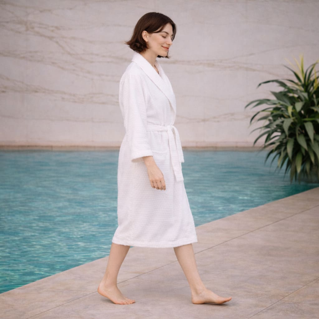 Peignoir blanc spa inspiré des hôtels de luxe parisiens, ambiance salle de bain marbre.