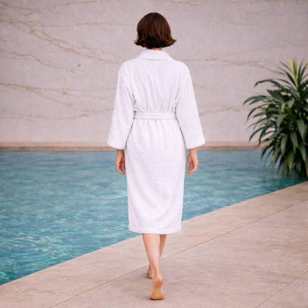 Peignoir blanc spa inspiré des hôtels de luxe, porté dans une salle de bain en marbre avec finitions chrome.