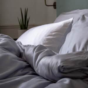 Chambre d'hôtel élégante avec un lit king-size habillé de draps en fibre de bambou, offrant une douceur et un luxe incomparables. Le linge de lit haut de gamme crée une atmosphère de confort et de raffinement, idéale pour une expérience de séjour relaxante et opulente.