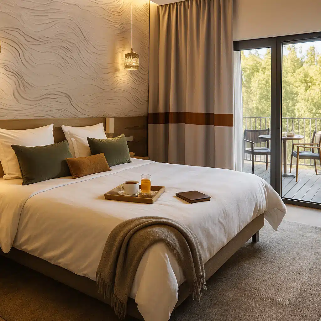 Chambre d’hôtel haut de gamme au style chaleureux, avec un lit en linge blanc légèrement texturé, un plateau de petit-déjeuner, lumière naturelle douce et décoration élégante donnant sur une terrasse arborée.