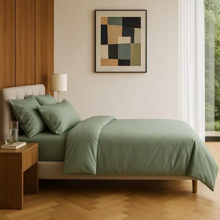 Taies d’oreiller en satin de bambou posées sur un lit, illustrant la brillance et la qualité du tissu.