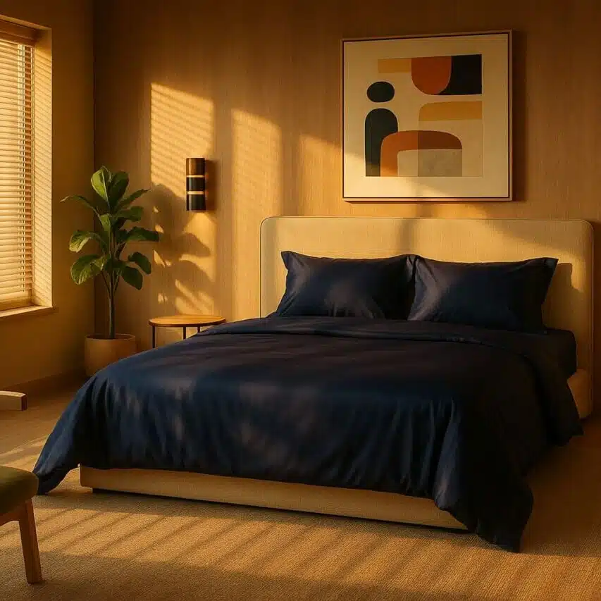 Parure de lit en fibre de bambou bleu nuit dans une chambre moderne et lumineuse.