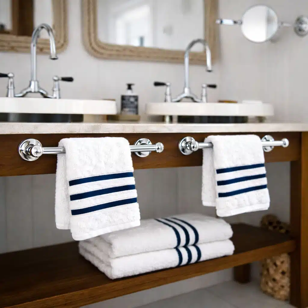 Drap de bain design Comptoir du Bambou, linge blanc haut de gamme aux rayures subtiles