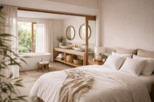 Chambre d’hôtel lumineuse avec lit king size habillé de linge en satin de bambou blanc cassé, ouvert sur un jardin verdoyant.