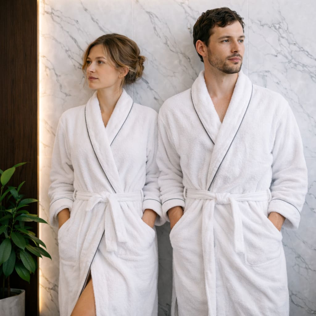 Détail de peignoir de bain avec finition soignée et liseré élégant