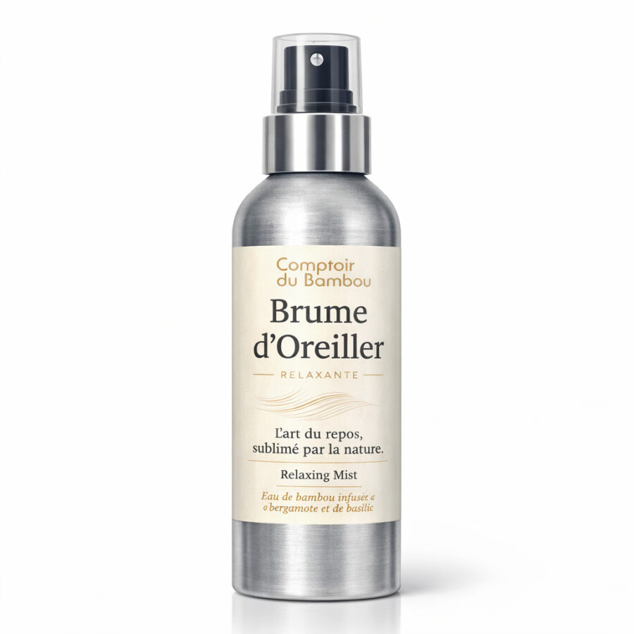 Détail du spray d’une brume d’oreiller haut de gamme en aluminium, pulvérisation fine pour une ambiance apaisante